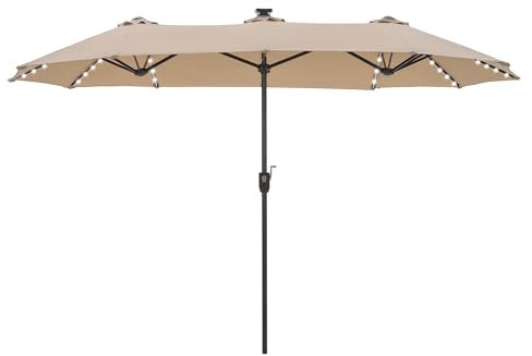 PHI VILLA 3.8×2m Garden Parasol Umbrella for Sun Protection Patio Outdoor Waterproof Umbrella with LED Lights and Crank,Beige