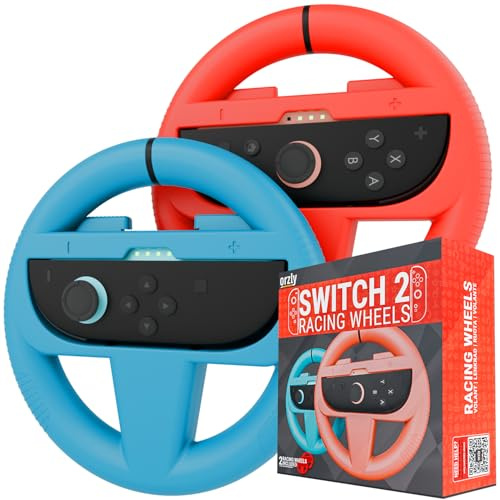 Orzly Lenkraeder kompatibel mit Nintendo Switch 2 (2025 Konsole) Doppelpack Racing Wheel Zubehoer fuer Joy-Con Controller und MarioKart Rennspiele (1 Rot 1 Blau) Geschenkbox Edition