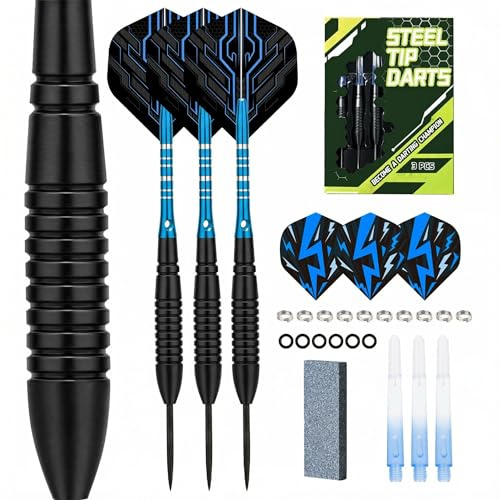 WayArrival 22g Steel Tip Darts Set - Premium Nickel Silver Barrels (Slimmer Than Brass) - Metal Tip Darts for Bristle Dartboard - High Grip, Pro Style - Includes Sharpener, 6 Extra Flights & Shafts