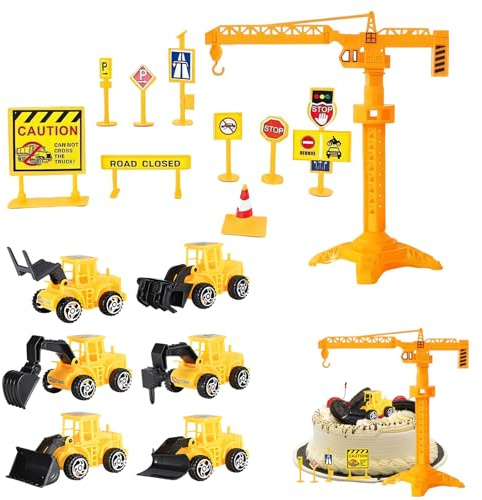 PDirat 16 Stück Baustellenfahrzeuge Kinder, Tortendeko Baustelle,Teile Bagger Kuchen Deko Set mit Verkehrsschildern und Turmkran, Ideal für BAU-Themenpart,BAU Thema Party Supplies