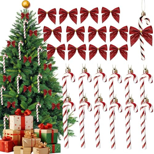 24PCS Candy Cane Christmas Decorations UK Red Bows Candy Canes Christmas Decorations Red Christmas Tree Decorations ReD Xmas Decorations for Xmas Gift Home Party Ornaments