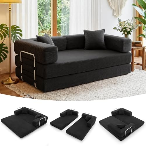 YINIX Cordstoff Schlafsofa 200cm, 5-in-1 Faltbares 3-Sitzer Bodensofa mit Metallrahmen, Modulares Gästebett aus hochdichtem Schaumstoff, Keine Montage (Schwarz, 200cm)