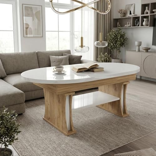 DA-130 Couchtisch oval Weiß Hochglanz / Eiche Gold ausziehbar 130 bis 170 cm höhenverstellbar 60-75 cm Ablage modern ovaler Wohnzimmertisch Esstisch Beistelltisch Sofatisch platzsparend Wohnzimmer