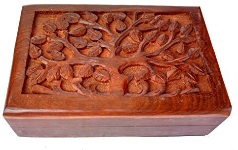 Rastogi Handicrafts - Joyero de madera tallada con forma de árbol de la vida
