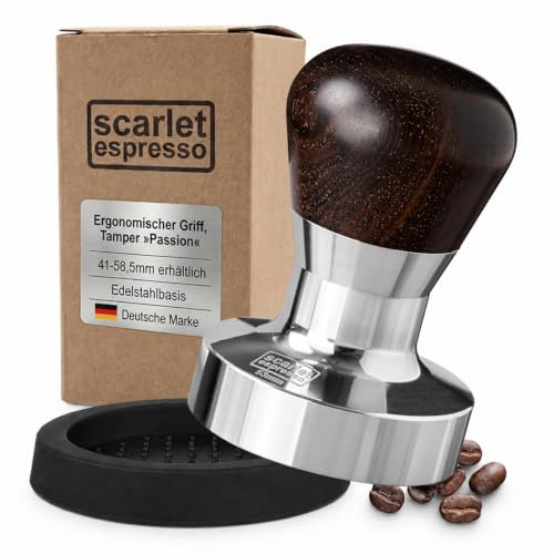 scarlet espresso | Tamper »Passion« für Barista; mit ergonomischem PVC- oder Edelholzgriff nach Wahl und Präzisions-Edelstahlbasis (Set 53 mm & Tamperablage)