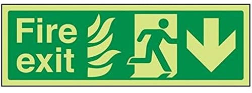 V Safety Glow In The Dark NHS Fire Exit Arrow Down Sign - 300mm x 100mm - Self Adhesive Vinyl