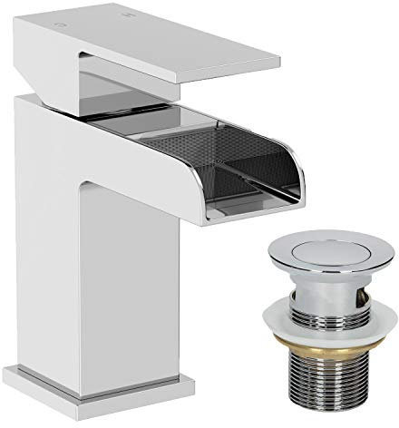 Architeckt® Dakota Bathroom Basin Sink Mixer Tap with Waste Waterfall Spout Modern Mono Square Single Lever Handle Faucet for Sinks, Chrome