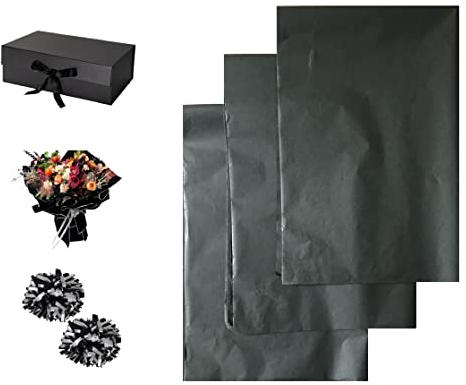 VEZODEK Seidenpapier Verpackungsmaterial zum Verpacken | 30 Blatt 50x75 cm für Blumen, Hochzeiten, Geschenktüten, Kunsthandwerk, Weihnachten, Pompons (Schwarz, 30 Blatt 50x75cm)