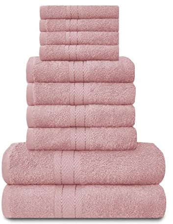 Towels, set da 10 pezzi, 100% cotone egiziano, 4 x viso, 4 x mano, 2 x asciugamani da bagno, accessori da bagno altamente assorbenti di alta qualità, lavabili in lavatrice, rosa cipria