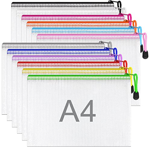 12 Stück bunte Dokumententasche A4 wasserdichte Dokumententasche Reissverschluss,Datei Tasche Kunststoff für Dokumente, Quittung, Papier, Schule, Prüfungsblatt, Kosmetik, Reise
