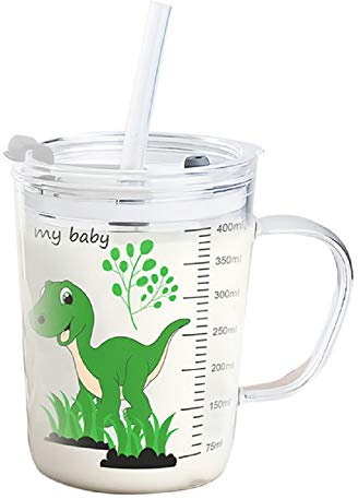 Tasse à lait pour enfants avec paille, tasse à eau en verre pour petit-déjeuner créatif mignon pour enfant, tasse à boire drôle avec des motifs colorés, tasse à jus de fruits pour les tout-petits