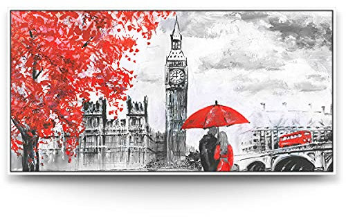BilderKing Wandbild London wie gemalt - 180cm x 90cm Leinwand auf 2cm Keilrahmen mit Schattenfugenrahmen weiß
