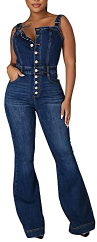 Peto Vaquero para Mujer Sexy Verano Ancha Mono de Mezclilla Pantalones Vaqueros Pierna Ancha Mono De Una Pieza Denim Petos de Pantalon Jumpsuit Largo Slim Fit Overoles sin Mangas con Tirantes