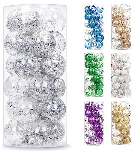 AMS 7 cm/24 ct bruchsichere transparente Weihnachtskugeln aus Kunststoff, dekorative Weihnachtskugel-Set mit gefüllten filigranen Dekorationen (70 mm Silber)