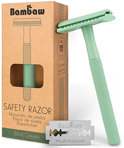 Bambaw Metall Rasierer Plastikfrei Mint-grün | Metall Rasierer Nachhaltig mit 5 Rasierklingen Rasierhobel | Eco Rasierer Herren und Damen | Rasierhobel Damen und Herren | Safety Razor