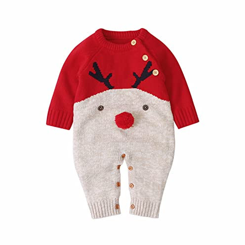 Zukmuk Pagliaccetto Neonato Unisex Tutina Lavorato a Maglia Maniche Lunghe Maglione Stampato Carino con Bottoni Abbigliamento di Natale Autunno Primavera (Rosso B, 3-6 Mesi)