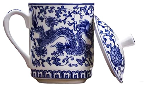 TOPBATHY Chinese Tea Set, Tea Infuser Mug with Lid, Porcelain Teacup, Blue and White Ceramic Coffee Cup Set for Loose Leaf Home Office Holiday Kitchen