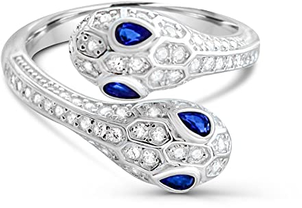 Tiramisu | Anello con Serpente | 925 Argento Sterling Placcato Rodio con Pave di Zirconi | Gioiello Donna | Misura Regolabile | Pietre Bianche/Rosse Rubino | Brillante | Regalo Particolare | Blu