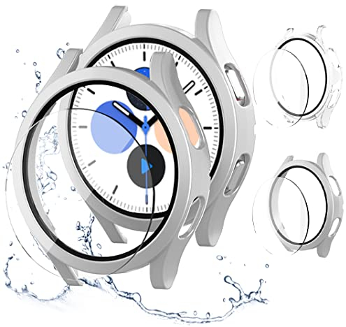 JZK Hülle Kompatibel für Galaxy Watch 5/4 40mm,【2+2 Stück】 2 Hart PC Schutz Hülle und 2 HD Gehärtetes Displayschutz Folie,Smartwatch Zubehör für Samsung Galaxy Watch 5/4 40mm Schutzhülle(Klar+Silber)