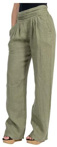 Malito – Damen Leinenhose mit Taschen – Stoffhose einfarbig – Leichte Sommerhose für warme Tage & Strand – Freizeithose für Frauen 2727 (Oliv | Größe L)