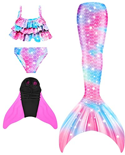 NAITOKE meerjungfrauenflosse mädchen Badeanzug - Meerjungfrau Flosse Bademode mit Bikini Set und Monoflosse Mermaid Tail, 4 Stück Set,HHDAB,120