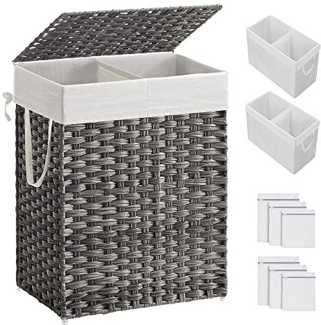 SONGMICS Cesto portabiancheria con coperchio, cesto per biancheria da 90 l con 2 sacchetti rimovibili e 6 sacchetti in rete, cesto portabiancheria in vimini, doppio cesto portabiancheria per bagno, 33