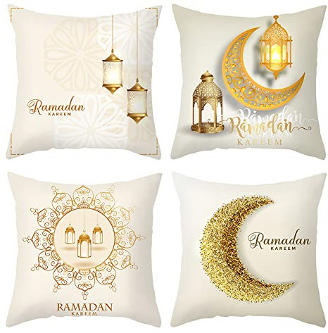 4er Set Ramadan Kissenbezug 45x45cm Eid Mubarak Kissenbezüge Dekoration,Eid Ramadan Wurfkissenbezüge Goldene Mond Stern Laterne Muster Kissenhülle Dekokissenbezüge Muslim Sofa Couch EID Kissenbezug