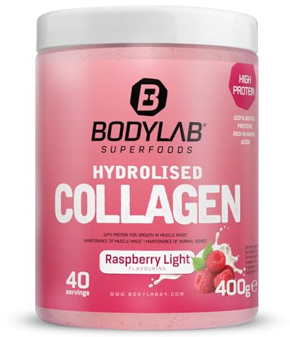 Bodylab24 Hydrolised Collagen Himbeere 400g, 98% Kollagen-Hydrolysat, 9,2g Eiweiß je Tagesdosis, unter 1g Fett und Kohlenhydrate, ideal zum Einrühren in Kalt- und Heißgetränke