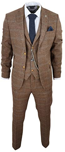 Men's 3 Piece Suit Wool Tweed Herringbone Tan Brown Blue Check 1920s Gatsby Formal Dress Suits - Oak 52