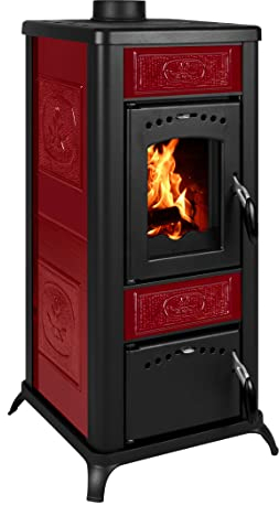 BRUNO 5,6 kW Kaminofen Janos - Schlichter Holzofen - Außenverkleidung mit Keramik in Bordeaux-Rot