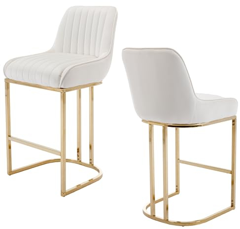 chairus Sgabelli da bar Set di 2 in Velluto Cucina Colazione Sedie Alte da Bar con Schienale Sgabelli da Tavolo con Gambe in Metallo(Beige-2)