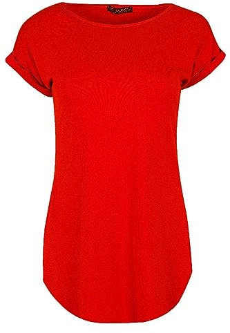 Ladies Curved Hem Jersey Plain Top Womans Round Neck Turn Up Cap Sleeve T Shirt (26, Red)