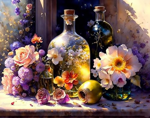 AgaaTi Canvas Painting Mural Art Still Life with Bottles Flowers Watercolor for Home Decor 60x90cm