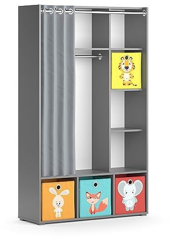 Vicco Kinderkleiderschrank Grau Luigi Mit Faltboxen (bunt) - 106x178x38 cm aus Spanplatte - Kinderregal für Kinder und Teenager, für gut durchdachte Organisation im begrenzten Raum