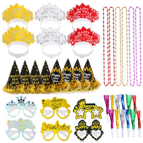 Silvester Deko 2025 Neujahr Party Dekoration Set 44 Pcs, Silvester Accessoires Silvester Hüte, Silvester Haarreif, Brillen, Halskette, Party-Lärmmacher Silvester Tischdeko Für Happy New Year 2025 Deko