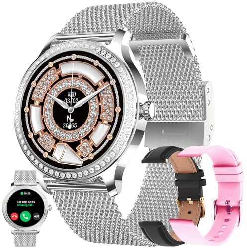 Smartwatch Damen mit Telefonfunktion, 3 Uhrenarmbänder, 1.28 AMOLED Uhren Fitness Tracker mit Schlafmonitor, SpO2, Menstruationszyklus, 100+Sportmodi Diamant Smart Watch für IOS/Android (Silber)