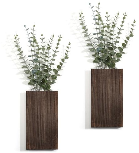 Vesici 2 Pack Wood Wall Planter Vase with Artificial Plants Indoor Plants Holder Pocket Farmhouse Wooden Vases Wall Flower Vase Hanging Plant Decor for Bedroom Kitchen Office Home (Wood,Eucalyptus)