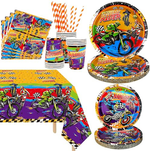 Dirt Bike Party Supplies, enthält Teller, Serviette, Becher, Gabeln, Tischdecke, für Kinder Jungen Mädchen Motorrad Extremsport Geburtstag Dekorationen, Serve 20 (Serve 20)