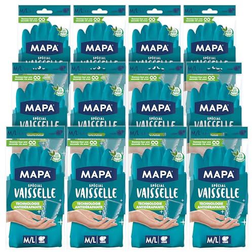 Mapa - Spécial Vaisselle - Gants de Ménage Antidérapants mix Latex et Nitrile - Intérieur Coton - Séchage express - 12 paires - Taille S/M