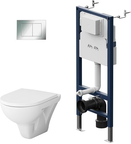 AM.PM - Hänge WC Komplettset, Vorwandelement WC Set Komplett Vormontiert (Prime Fit) + Wand WC Weiß ohne Spülrand (Hit) + Drückerplatte + WC-Sitz mit Soft-Close-Absenkautomatik, Toilette Komplett Set
