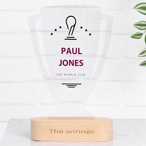 Wanapix | Trofeo Personalizado para Carreras | Trofeo Copa Deportiva | Placa de Metacrilato Impresa a Color | Base de Madera Natural Grabada | Copa del Mundo