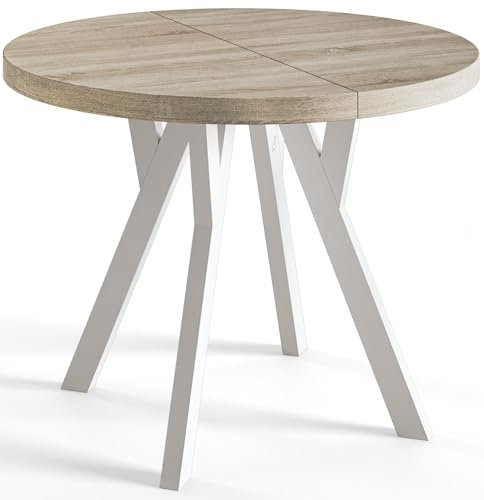 AlpiMeble Runder Esszimmertisch OVO, ausziehbarer Tisch Durchmesser: 90 cm bis 190 cm, Wohnzimmertisch Farbe: Sonoma, mit Holzbeinen in Farbe Weiß