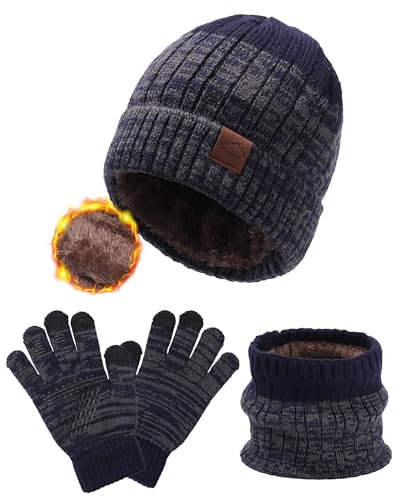 WELROG Kinder Wintermütze Schal Handschuhe für Jungen Mädchen Winter Mütze Schals Set für Kinder 4-15 Jahre Kindermütze Outdoor-Mützes