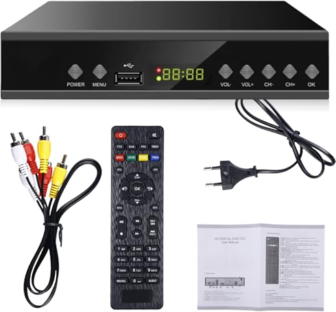 Kabel Receiver DVB-T2, Digital FullHD TV Receiver H.264 mit Fernbedienung und Kabel (USB/HDMI/AV/TV-Schnittstelle/Audio), Kabelreceiver für Kabelfernsehen Geeignet für alle Kabelanbiete