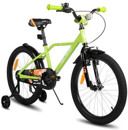 Hiland 20 Zoll Kinderfahrrad, Jungen Fahrrad für 7 8 9 10 Jahre, mit Stützrädern, Kinderfahrrad mit Handbremse und Rücktrittbremse, Grün