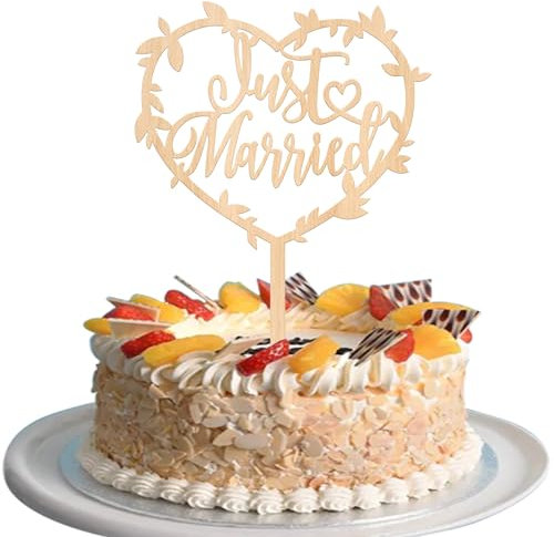 1 Pack Just Married Cake Topper Glitter Wooden Leaves Wedding Engagement Cake Pick Mr and Mrs Love Heart Cake Decoration for Bridal Shower Party Cupcake Decoration Supplies
