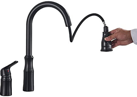 DMMFTERL Schwenkbarer Küchenhahn, Küchenspülenhahn mit ausziehbarer Brause, ausziehbarer Küchenhahn aus Messing, Einhebel-Mischbatterie mit hohem Bogen und 2 Sprühmodi, Deckmontage, Mattsch
