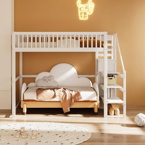 BLUON HOME Hochbett 140x200 mit Treppe, weißes Kinderbett aus Holz mit Aufbewahrungsregal, einfacher Kleiderschrank