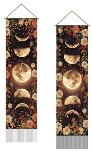 SUPERDANT Wandteppiche Mit Mondphasen Mondblumen Wand Teppich Wandteppich Langer Wall Tapestry Wandbehang 2 Stück Wandtuch Mit Quaste Für Wohnzimmer Schlafzimmer Wohnheim Hintergrunddekor