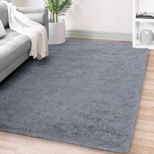 FVVRAX Tapis shaggy moelleux à poils longs, 120 x 180 cm, gris, extra doux, antidérapant, pour salon, chambre à coucher, tapis de sol douillet pour enfants et animaux domestiques